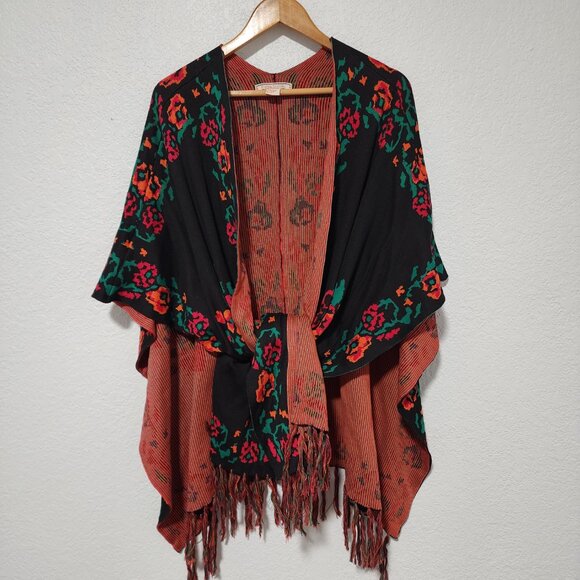 Flying Tomato Poncho Cape Wrap Kimono Floral Retro Fringe Medium/Large - Picture 3 of 6